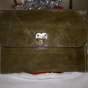 Vintage Olive Leather Envelope Clutch Hand Bag Vintage Florida Pin RETRO FUN
